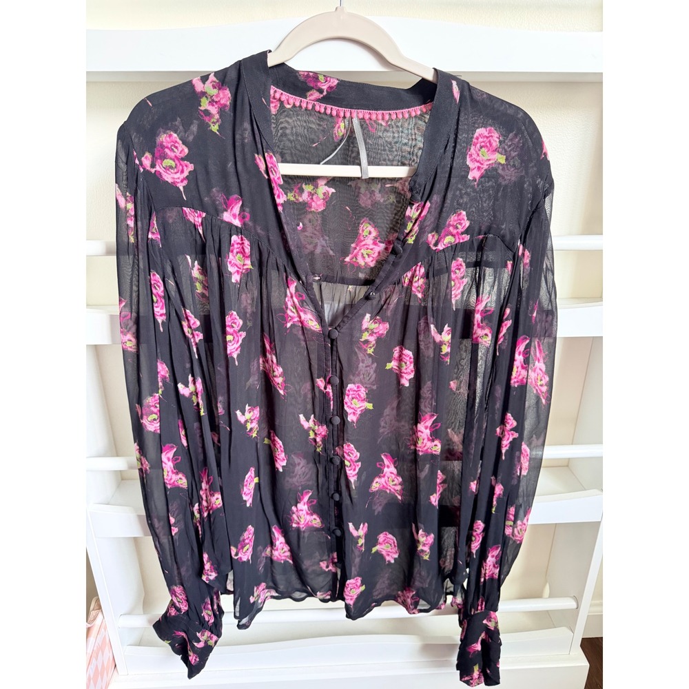 Anthropologie Pink Floral Sheer Button Front Blouse Black Viscose XL Pom Pom
